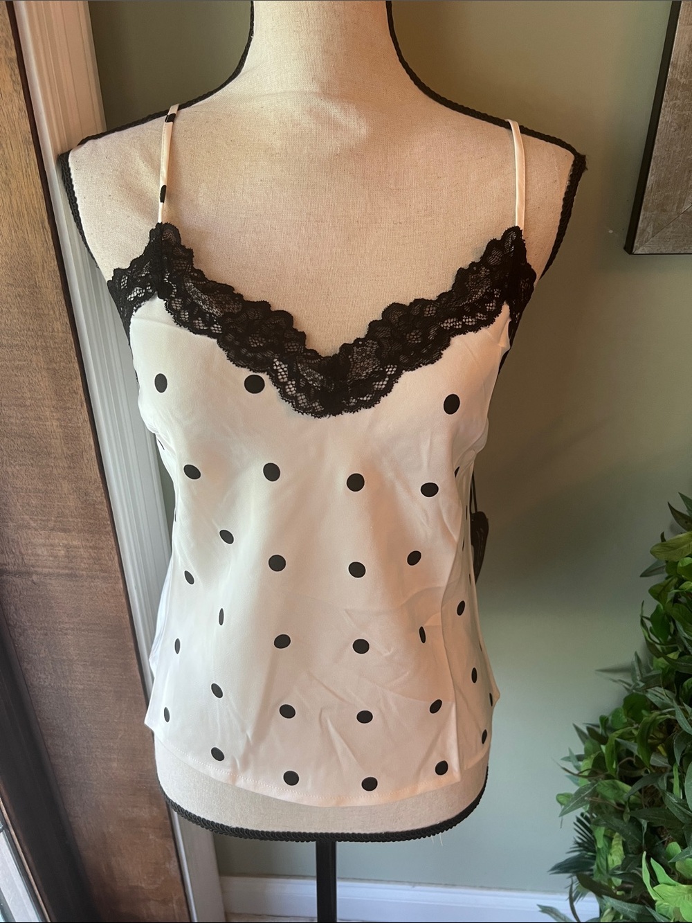 Sans Souci White Polka Dot Lace Trim Cami with Black Accents